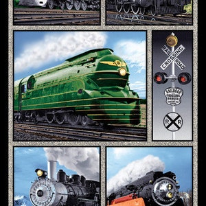 May include: A collage of five vintage steam locomotives, each with a different color scheme and design. The locomotives are set against a backdrop of blue sky and clouds, with a railroad crossing sign in the center. The bottom of the image features a row of red train wheels.