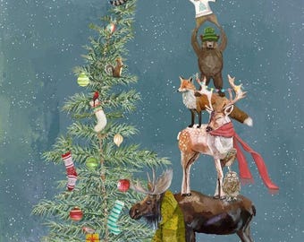 31" X 44" Panel Holly Woods Winter Woodland Animals Decorating Christmas Tree Studio E Fabrics Gray Cotton Fabric Panel (9247P-79) D411.21