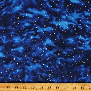 Cotton Stars Starry Night Sky Galaxy Gold Metallic Shimmer Skygazers 5 Navy Blue Cotton Fabric Print by the Yard (EKJM-6077-9NAVY) D772.79