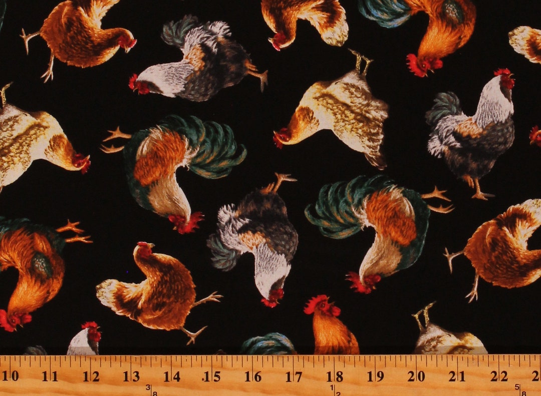 Cotton Chickens Poultry Birds Farm Animals Allover Black Cotton Fabric
