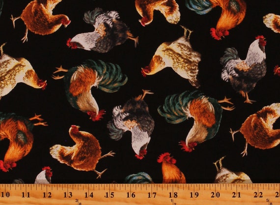 Chickens and roosters farm animals black cotton sewing Fabric by the Yard