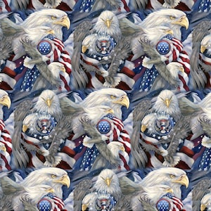 May include: A repeating pattern featuring majestic bald eagles, American flags, and the Presidential Seal. The eagles are depicted with outstretched wings, and the flags display red and white stripes with blue fields of stars. The overall color scheme is patriotic.