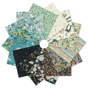 May include: A pack of 12 fabric squares featuring a variety of sewing-themed prints. The prints include sewing machines, buttons, needles, thread, and fabric scraps. The fabrics are in shades of blue, green, white, black, and pink.