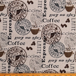 May include: A beige fabric with a repeating pattern of coffee-themed stamps. The stamps feature the words "Coffee", "Espresso", "Latte", and "Cappuccino" in a vintage style font. The fabric is perfect for crafting projects, such as quilting, sewing, and scrapbooking.