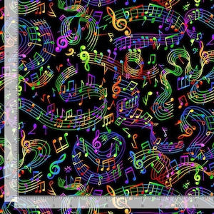 May include: Black fabric with a vibrant pattern of musical notes and symbols in a rainbow of colors. The design includes treble clefs, eighth notes, and other musical elements, creating a lively and colorful print.