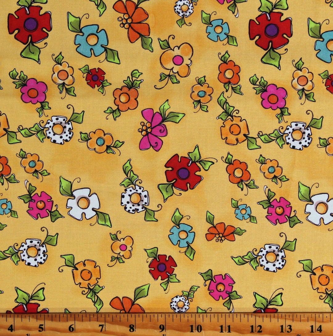 Cotton Flowers Floral Garden Spring Happy Blooms Yellow Cotton Fabric ...