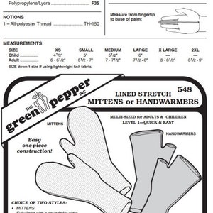 Lined Stretch Mittens or Handwarmers #548 For Adults and Children Mitten Handwarmer Fingerless Mitts Sewing Pattern (Pattern Only)