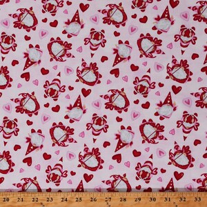 Cotton Cupid Gnomes Garden Gnomes Valentine&#39;s Day Hearts Gnomie Love Pink Cotton Fabric Print by the Yard (9782-28) D379.63 Henry Glass