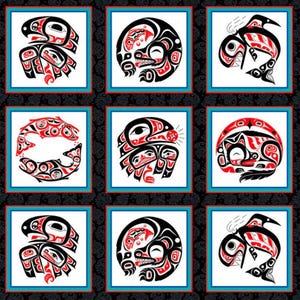 May include: A grid of nine square tiles featuring Northwest Coast style art in black, red, and white. The designs depict stylized animals including eagles, bears, salmon, and orcas, each framed by a thin blue border on a dark patterned background.