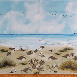 24&quot; X 44&quot; Panel Turtle March Beach Oceanfront Seaside Sea Turtles Animals Sand Landscape Blue Cotton Fabric Panel (1147P-11) D482.52