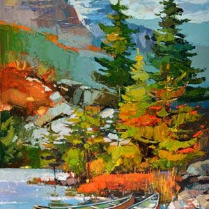May include: A painting of two red canoes on a lake with a mountain range in the background. The canoes are in the foreground of the image, and the mountains are in the background. The lake is a light blue color, and the mountains are a dark blue color. The trees are a variety of green and brown colors. The painting is 30 inches by 43 inches.