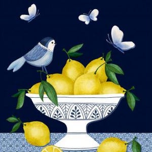 May include: Watercolor illustration of lemons in a white bowl with a decorative design. A blue bird and butterflies are in the scene. The background is a dark blue color with a patterned blue and white tablecloth.