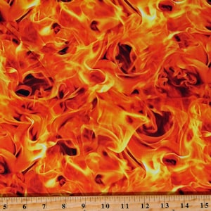 May include: A fabric with a vibrant, fiery pattern. The design features swirling flames in shades of orange, yellow, and red, creating a dynamic and energetic visual effect. The fabric appears to be a repeating pattern, suitable for various craft projects.