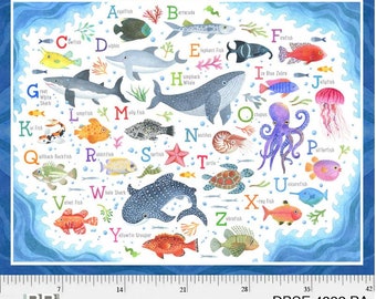 34" X 44" Panel Sea Animals ABC's Alphabet Fish Ocean Deep Blue Sea Blue Cotton Fabric Panel (DBSE-04832-PA) D413.08