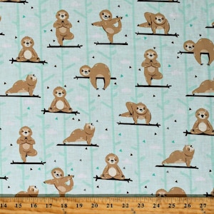 May include: A light blue fabric with a repeating pattern of brown sloths doing yoga poses on branches. The sloths are in various poses, including downward dog, tree pose, and warrior pose. The background is a light blue with small white triangles.