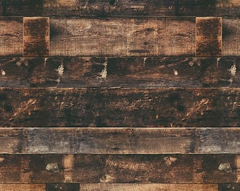 May include: A seamless pattern of dark brown wood planks with a rustic, weathered look. The planks are arranged horizontally and have a natural grain pattern. The wood has a distressed, aged appearance, with knots and imperfections.