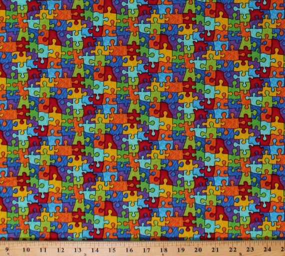 Cotton Jigsaw Puzzle Cotton Print "Autism Awareness" Kids Multi-Color Cotton Fabric Print by the Yard (GAIL-C6344-BRIGHT) D752.03