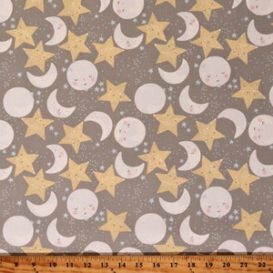 Cotton D is for Dream Stars Crescent Moons Night Nighttimes Bedtimes Kids Gray Cotton Fabric Print by the Yard (25123-12) D659.54