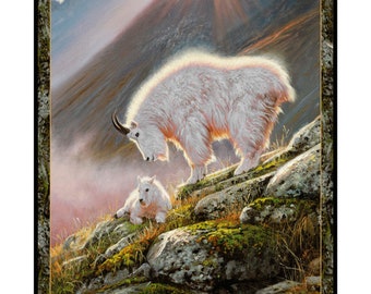 36" X 44" Panel Mountain Goat Kid Animals Cream Cotton Fabric Panel (1649-28437-X) D783.79