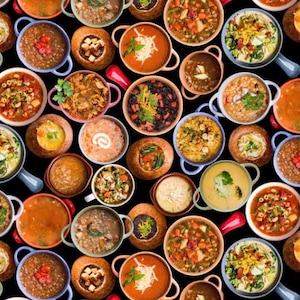 May include: A collection of various soups and stews served in colorful ceramic bowls and hollowed-out bread bowls, arranged on a black background. The dishes feature diverse ingredients including vegetables, beans, grains, and herbs.