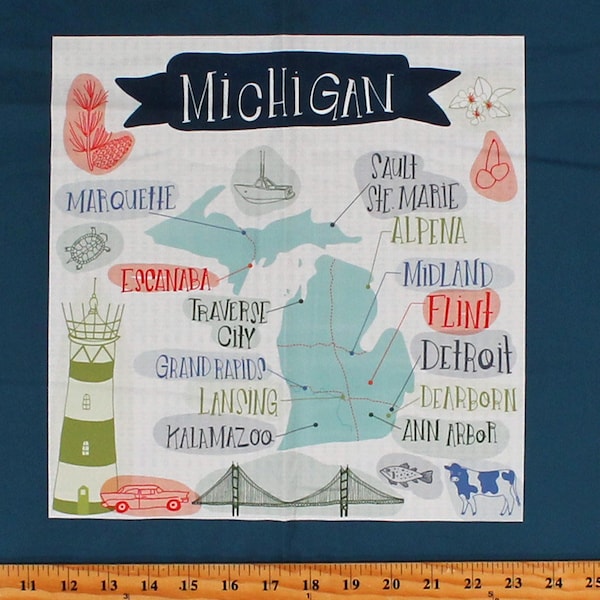 14" X 44" Panel Michigan Map Cities Michigander Blue Cotton Fabric Panel (13359-11) D372.39