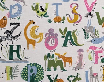 Cotton Alphabet Animals ABC's Learning Kids Children's Easy As abc White Cotton Fabric Print by the Yard (STELLA-D2884-WHITE) D775.23