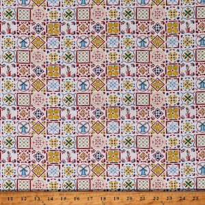 Cotton Windmills Tulips Dutch Tiles Holland Windmill Whimsy White Cotton Fabric Print by the Yard (2600-30182-X) D655.12