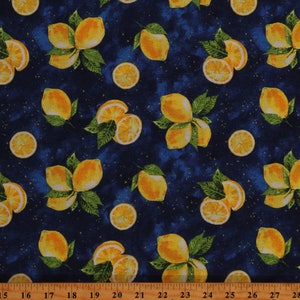 Cotton Lemons Fruit Food Citrus Plants Yellow Lemons on Navy Blue Cotton Fabric Print by the Yard (15612-NAVY) D572.59