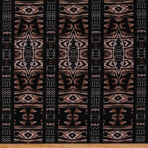 May include: Black fabric with a repeating pattern of brown geometric shapes. The pattern is reminiscent of tribal art.
