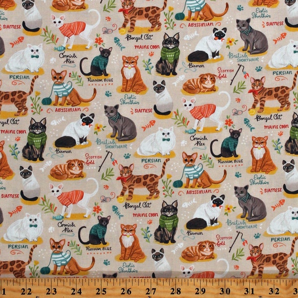 Cotton Cats Pets Animals Cat Breeds Chart Beige Cotton Fabric Print by the Yard (OLIVIA-CD2156-BEIGE) D382.58