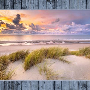 May include: A landscape photograph of a sandy beach at sunset with tall green dune grass in the foreground. The sky features vibrant orange, yellow, and purple clouds above a calm ocean horizon, with a wide expanse of wet sand visible below.