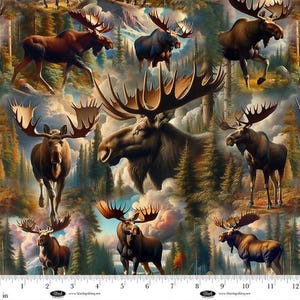 Cotton Wilderness Song Digital print Majestic Moose in forest Mountain Setting Brown Blank Quilting Fabric Print by Yard (4177-39) D476.72