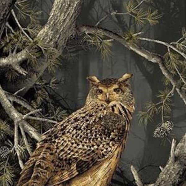 23.75" X 44" Panel Great Horned Owl in Dark Woods Northwoods Bird Wildlife Nature Majestic Woods Cotton Fabric Panel (A-8584-K) D764.50