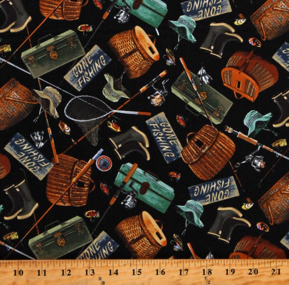 cloth fishing tackle box Cotton Gone Fishing Timeless Treasures Fishing Gear Equipment Tackle Box  Rods Hats Lures Clothes Black Fabric Print by the Yard (D688.80)