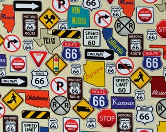 Cotton Route 66 Road Signs Traffic Travel Western States This & That II Cream Cotton Fabric Print by the Yard (1649-27452-E) D752.24