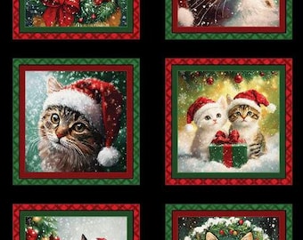 24" X 44" Panel Merry Cats Kittens Christmas Winter Hats Trees Gifts Snow Benartex Multicolor Cotton Fabric Panel (16772-12) D385.65