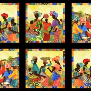 May include: A colorful fabric panel with a repeating pattern of women in colorful clothing and head wraps. The women are carrying baskets and other items, and they are standing in front of a colorful background.