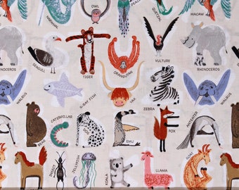 Cotton Alphabetical Animals A Is For Animals ABC's Learning Kids Children's Cream Cotton Fabric Print by the Yard (52975-2) D479.73