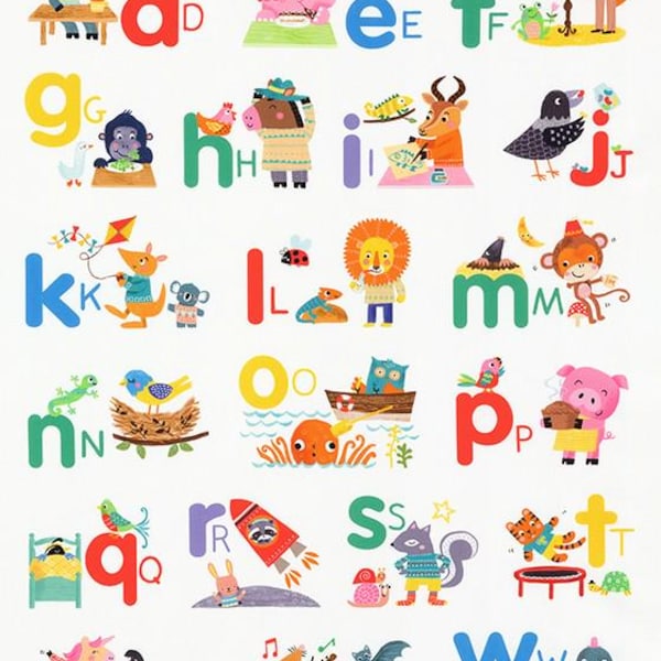 23.5" X 44" Panel Cute Animals Kids Alphabets Letters Learning ABCs Fun-2-3 Robert Kaufman Cotton Fabric Panel (RALD-22902-1WHITE) D686.24