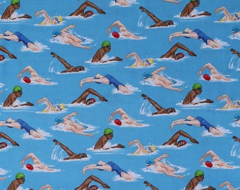 Cotton Swimmers Swimming People Water Sports Blue Cotton Fabric Print by the Yard (GM-C6896-BLUE) D662.50