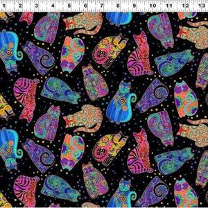 Cotton Fantasticats by Laurel Burch Bright Colored Cats Art Gold Metallic Clothworks Black Cotton Fabric Print by the Yard D382.68