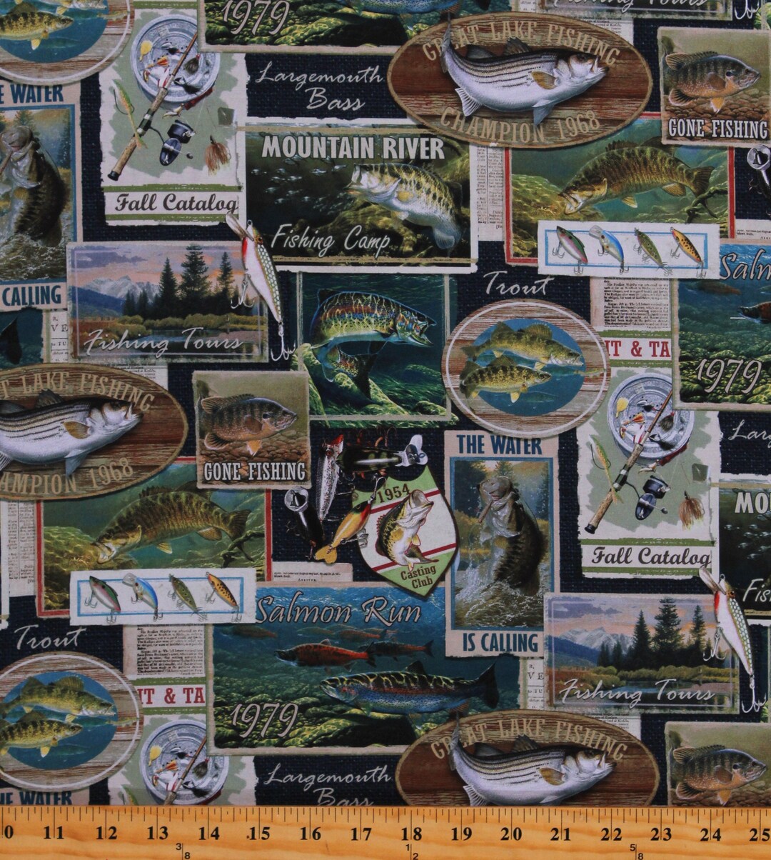 Cotton Fish Labels Fishing Postcards Posters Trout Bass Lures Hooked Navy/multi Cotton Fabric