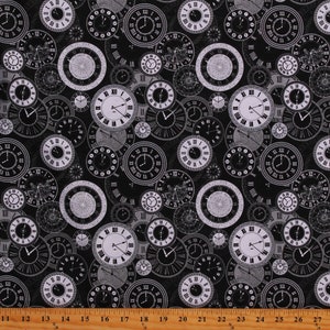 May include: Black and white fabric with a repeating pattern of clocks. The clocks have Roman numerals and are in various sizes.