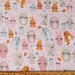 Flannel Bunnies Bunny Rabbits Woodland Animals Forest Easter Pink Kids Children&#39;s Cotton Flannel Fabric Print by the Yard (0908-22) D285.04