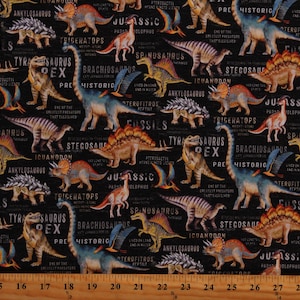 Cotton Dinosaur Land Dinos Animals Prehistoric T-rex Triceratops Kids Black Cotton Fabric Print by the Yard (DCX11144-BLAC-D) D480.55