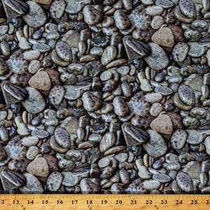 May include: A fabric pattern featuring a dense arrangement of smooth, rounded stones in shades of gray, brown, and beige. The stones vary in size and shape, creating a natural, textured appearance. A wooden ruler is at the bottom of the image.