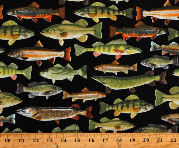 Cotton Fish Fishing Fishes Aquatic Animals Bass Trout Walleye Black Cotton  Fabric Print by the Yard (NATURE-C6405-BLACK) D688.81