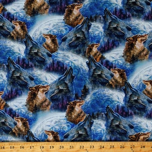 May include: A repeating pattern on fabric featuring wolves howling at the moon. The wolves are depicted in shades of brown and grey, set against a blue and purple night sky with a forest silhouette. The fabric has a watercolour painting style.