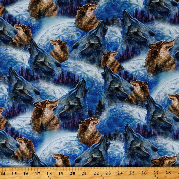 Cotton Howling Wolves Wolf Animals Winter Scenic Wildlife Northwoods Power of the Elements Blue Fabric Print by the Yard D372.48