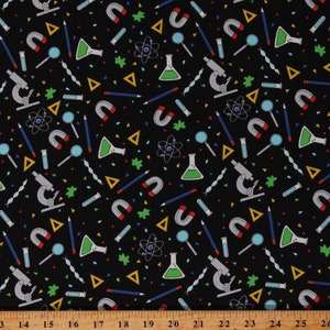 Cotton Science Lab Magnets Microscopes Physics Chemistry Biology Experiments Black Top of the Class Cotton Fabric Print by the Yard D587.73